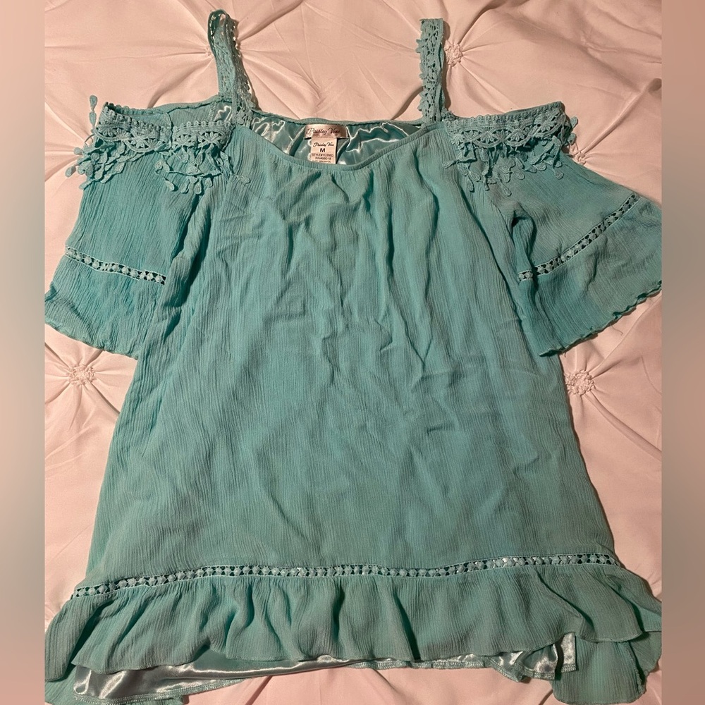 Paisley Sassy Bling Aqua Off-Shoulder Top Mom & Me Set - Picture 2 of 4